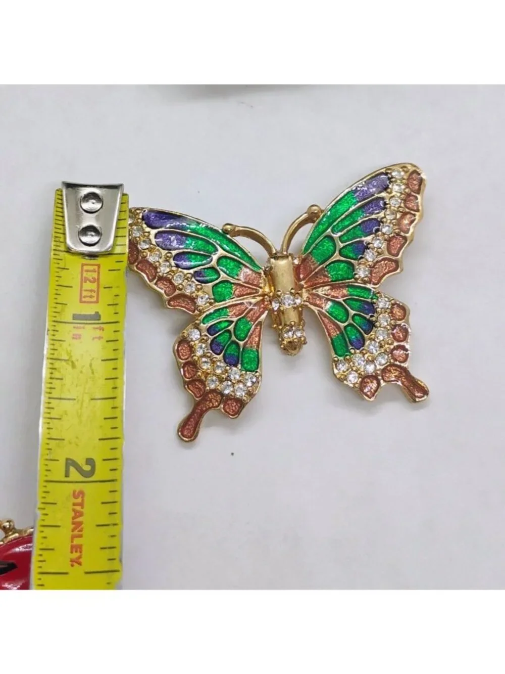 Colorful Enamel Rhinestone Butterfly Brooch Large 2" Blue Green Gold Tone - Picture 3 of 5